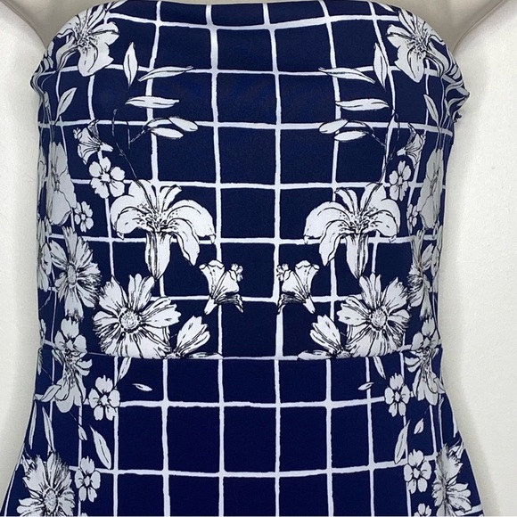 Express Women’s Strapless Dress 8 Navy Blue White Check Floral Nautical Bodycon - Picture 2 of 15